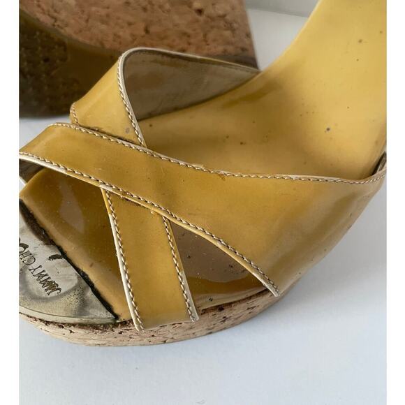Jimmy Choo Y2K Patent Leather Tan Crossover Mule Cork Wedge Sandals • Size 39.5 - Picture 5 of 9